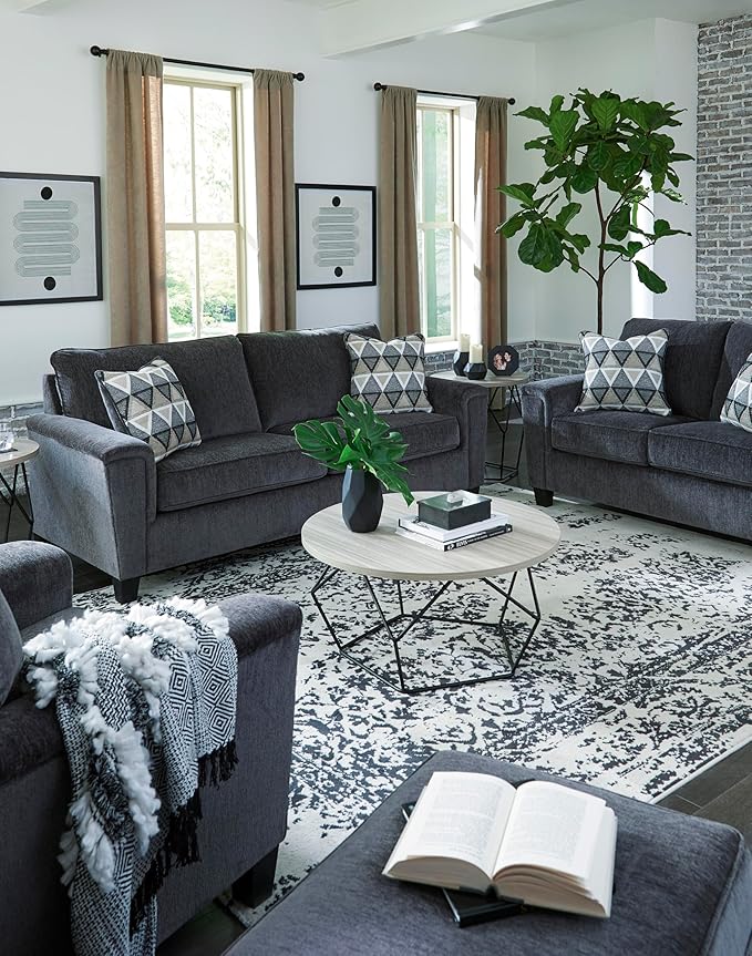 Signature Design by Ashley Abinger Chenille Contemporary Loveseat with 2 Accent Pillows Dark Gray
