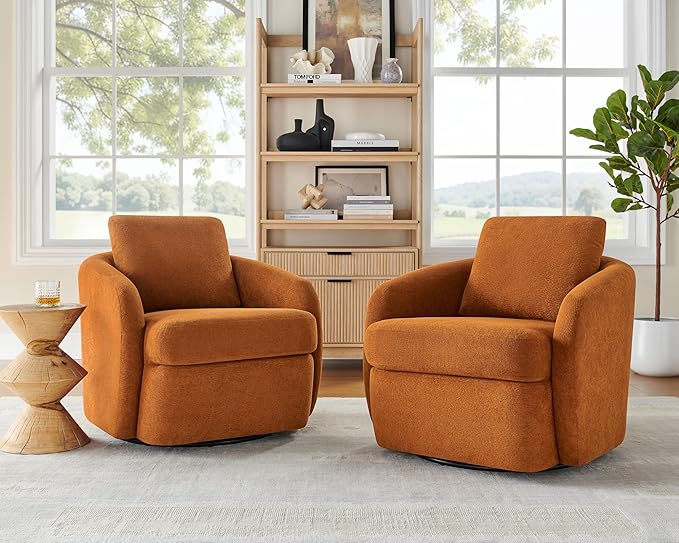 Swivel Barrel Chair Cloud 360° Upholstered Armchair with Removable Throw Pillow for Living Room Bedroom Modern Comfy Single Sofa Chairs Fully Assembled Set of 2 Curry