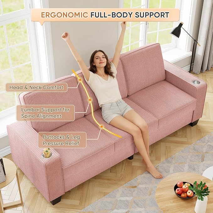 83.86 Corduroy 3-Seater Sofa with Extra Deep Seat Modern Cloud Couch with 2 Cup Holders Comfy Upholstered Sofa for Living Room Apartment &amp Office Pink