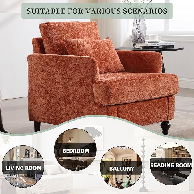 Modern Accent Chair Living Room Upholstered Chenille Armchair with Waist Pillow Single Sofa for Living Room Bedroom Office Orange