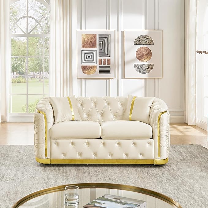 KEIKI 63 Luxury Oversized Velvet Chesterfield Sofa with 2 Pillow &amp Gold Stainless Decoration Italian Modern Style 2-Seater Button Tufted Couch with Rolled Arms Easy Assembly for Living Room B