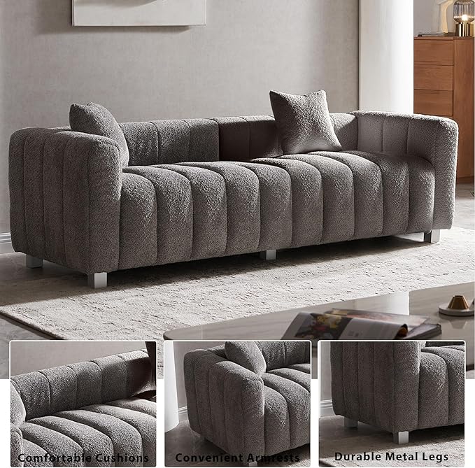 83.46 Oversized Boucle Sofa CouchModern Teddy Deep Seat SofaUpholstered Tufted Couchwith 2 Accent Pillow3 Seater Coucher for Living Room ApartmentOffices. (Grey)