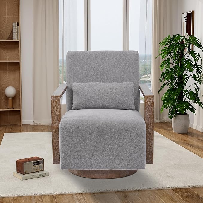 30.5 W Swivel Modern Fabric Upholstered Accent Chair with Solid Wood Armrests Comfy Lounge Reading Chair Side Armchair for Hotel Bedroom Living Room Office Nursery Room (Gray Linen)