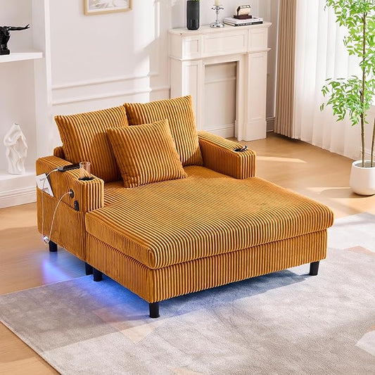 SLEERWAY Modern Corduroy Chaise Lounge Sofa Indoor- 55.9 Comfy Oversized Couch Bed with USB Ports Cup Holder Side Pocket Lights 3 Throw Pillows Lazy Recliner Chairs Living Room (Yellow)