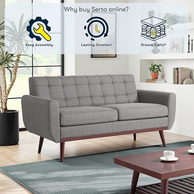 Serta® David 61.2 Modern Sofa Tufted Back Cushion Rounded Arms Solid Wood Legs Dream Coil® Comfort Woven Polyester Fabric Gray