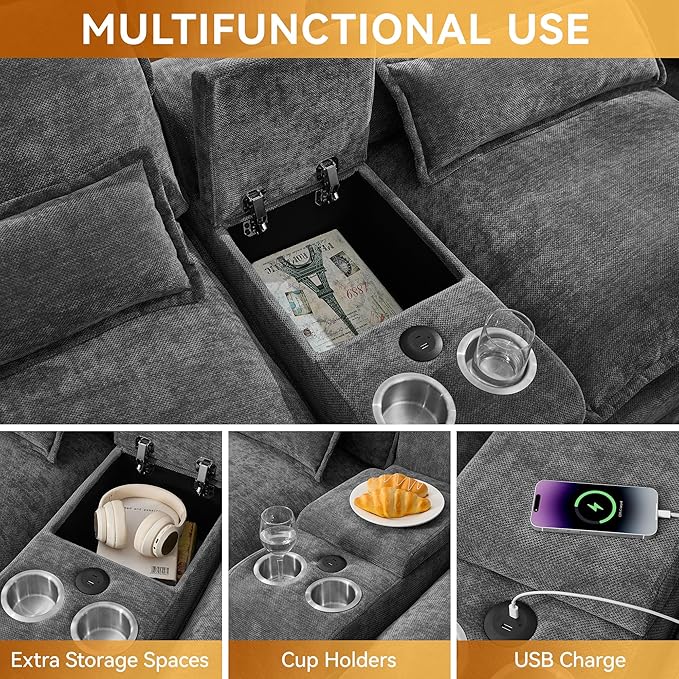 125'' U Shaped Cloud Modular Sofa Chenille Upholstered Comfy Sectional Couch with Storage Console USB Charging Ports &amp Cup Holders Modern Deep Seat Sofa for Living Room Grey