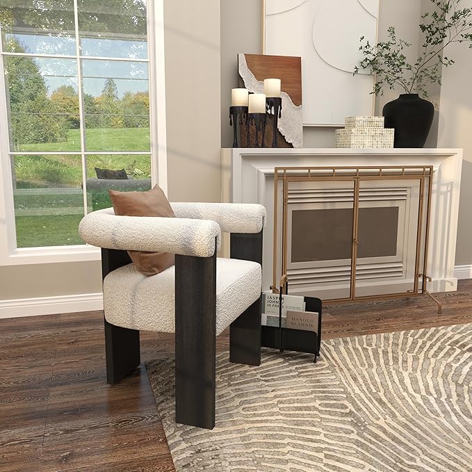 Deco 79 Polyester Curved Back Mid Century Modern Round Boucle Accent Chair with Black Wood Frame 27 x 23 x 28 White