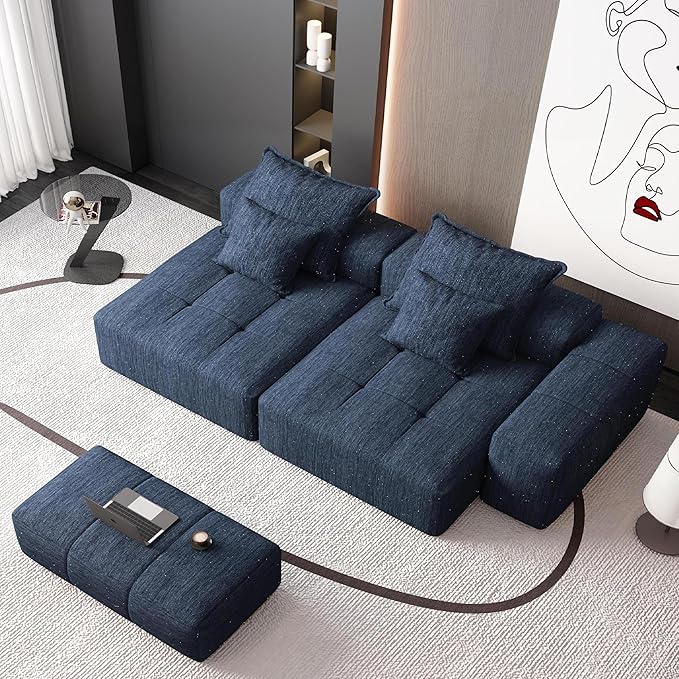 113'' Cloud Couch Modular Sectional Sofa Oversized Loveseat Compression Boneless Sofa with Deep Seat Chenille Sleeper Chaise Longue Minimalist Couches for Living Room Blue