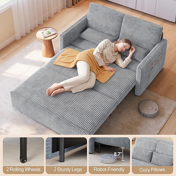 Ahomly 3 in 1 Pull Out Convertible Sofa Bed with 77.2'' Extended Sleeping Length Corduroy Loveseat Sleeper Sofa with Side Pockets Modern Loveseat for Living Room Grey