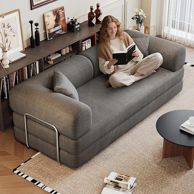 Convertible Sleeper Sofa Bed with Cylindrical Pillow 79 Inch Oversized Corduroy Upholstered Boneless CouchLove Seat Floor Sofas Living RoomSmall Space ApartmentOffice (Grey)