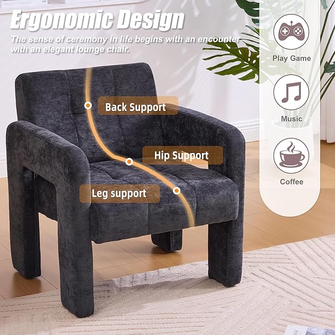 Upholstered Armchair Modern Accent Chair with Chenille Fabric for Living Room Comfortable Padded Single Seat Lounge Chair for Bedroom Office Reading Nook (Black)