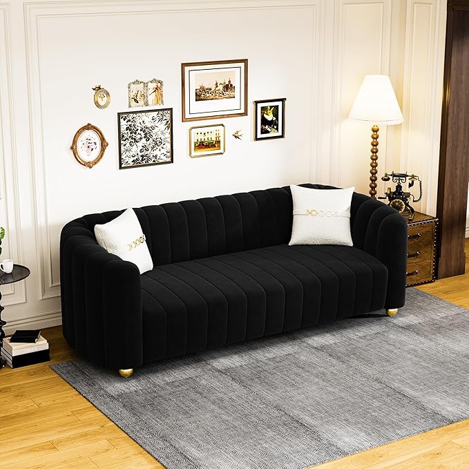 83 Black Velvet Couch Modern Sofas for Living Room Velvet Sofa 3 Seater Solid Wood Frame with Gold Metal Legs and Two Pillows Comfy Black Gold Sofa