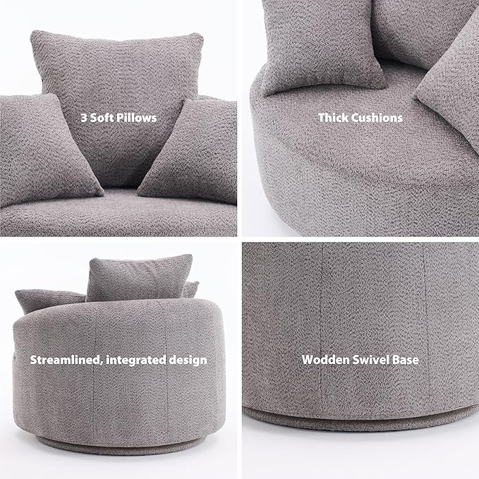 Modern 39 Swivel Barrel Chair Comfy Boucle Upholstered Accent Chair with 360° Rotation Single Sofa with 3 Pillows Ergonomic Design for Living Room Bedroom Office Gray