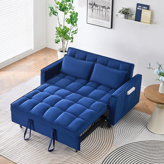55 Modern Velvet Loveseat Sleeper Sofa 3-in-1 Convertible Pull-Out Bed with Adjustable Backrest 2 Pillows &amp Side Pockets Small Pull Out Couch for Living Room Apartment(Blue)