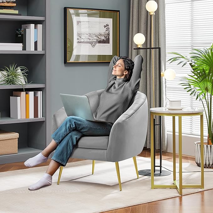Yaheetech Modern Vanity Chair Velvet Soft Accent Chair with Gold Metal Legs Tufted Armchair Chaise Lounge for Living Room/Bedroom Gray