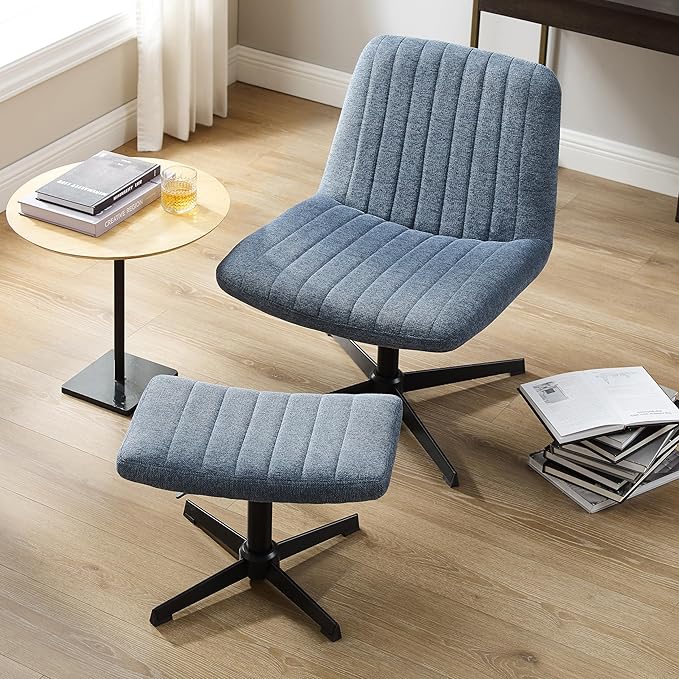 Art Leon Desk Chair No Wheels - with Ottoman and Lumbar Pillow Armless Office Chair No Wheels Criss Cross Chair Modern Swivel Height Adjustable Wide Seat Computer Task Vanity Chair Indigo Linen