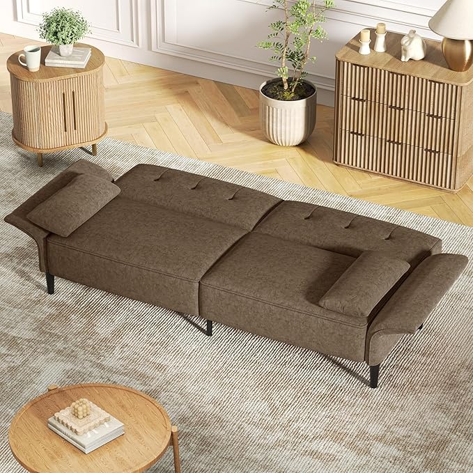 89” Futon Sofa Bed Comfy Futon Couch Bed with 2 Square Pillows Convertible Sleeper Sofa with Adjustable Backrest&amp Armrests Modern Loveseat Sleeper for Living RoomVelvet Fabric Brown