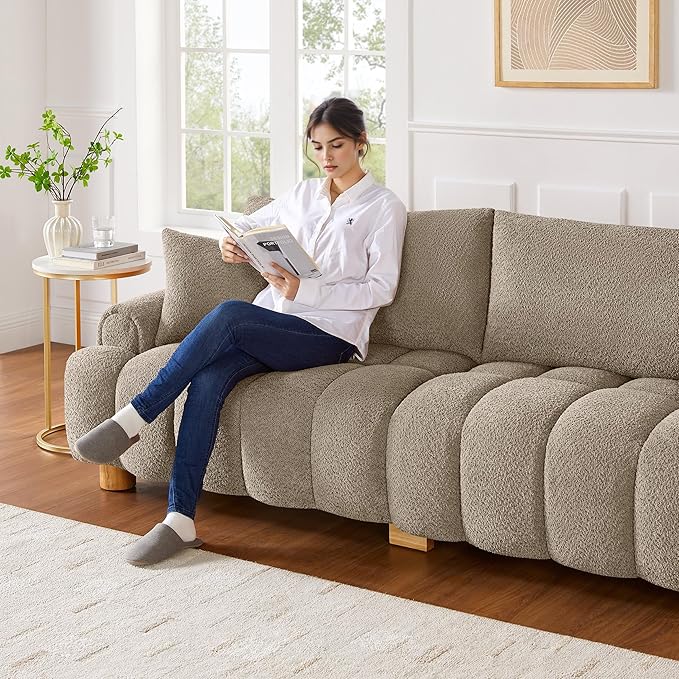 VANOMi Boucle Sofa Couch 91 Comfy Tufted Upholstered Cloud Couches Modern 3 Seater Sofa with Pillows Oversized Deep Seat Sherpa Couch for Living Room Bedroom Apartment (Camel Color)