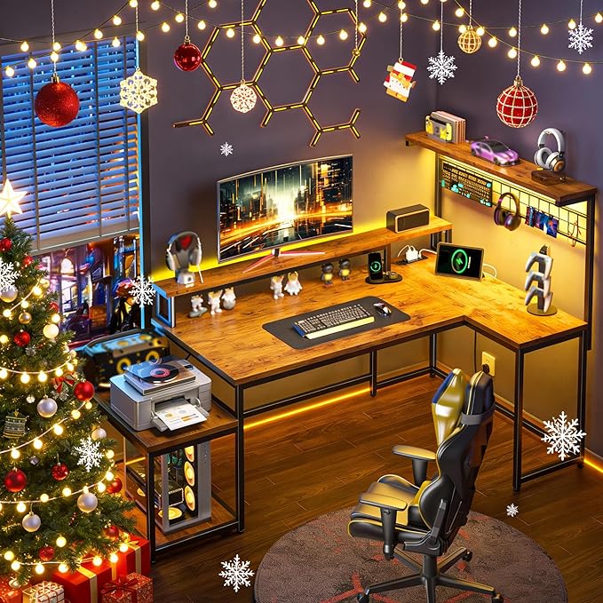 Gaming Desk with Shelves &amp Hooks 63.5L Shaped Computer Desk with LED Lights &amp Power Outlets &amp Monitor Stand and Printer Space for Home Office Writing Desk of Bedroom Living Room Rusti