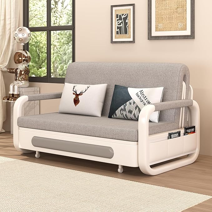 Pull-Out Sofa Daybed with Trundle Convertible Futon Sleeper Couch for Living Room &amp Small Spaces Gray/White (34.25 D x 59.84 W x 37.4 H)