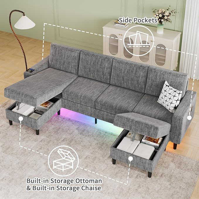 Sectional Couches for Living Room 6-Seats Soft Linen Fabric Sectional Sofa with Storage Ottoman Modern Convertible U/L Shaped Couch with Smart Charging Module/LED Light/Music Sync (Light Grey)