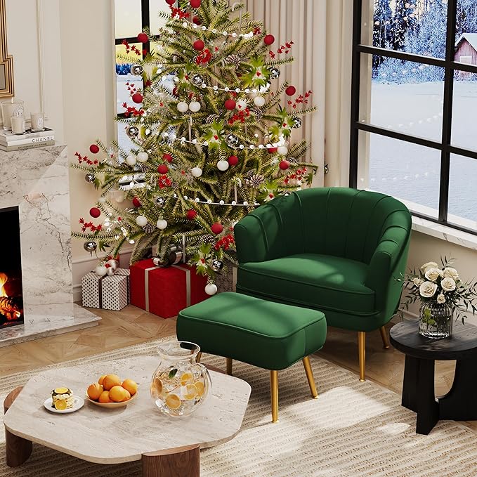 Andeworld Velvet Accent Chair with Ottoman Upholstered Modern Single Sofa Side ChairComfy Barrel Club Living Room Armchair with Golden Metal Legs for Bedroom Living Reading Room Office Green
