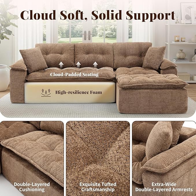 110 Modular Sectional Sofa Cloud Sectional Couch with Ottoman Modern L Shaped Sofa with Deep Seat Upholstered Boneless Couch for Living Room with Layered Cushion No Assembly Brown
