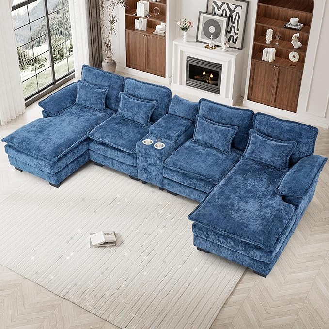 133 Oversized U Shaped Cloud Couch Modular Sectional Couches for Living Room Comfy Chenille Deep Seat Sofa Set with Double Chaise Lounge Storage Central Console Cup Holders USB Port Blue
