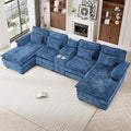 133 Oversized U Shaped Cloud Couch Modular Sectional Couches for Living Room Comfy Chenille Deep Seat Sofa Set with Double Chaise Lounge Storage Central Console Cup Holders USB Port Blue