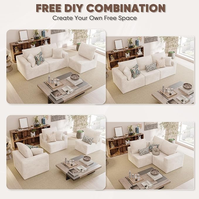 JUMMICO Boneless Couch with Deep Seat and Ottoman Modular Sectional Sofa with Body Support Corduroy Couches for Living Room Apartments Bedroom No Assembly Required (Beige Three Seater)