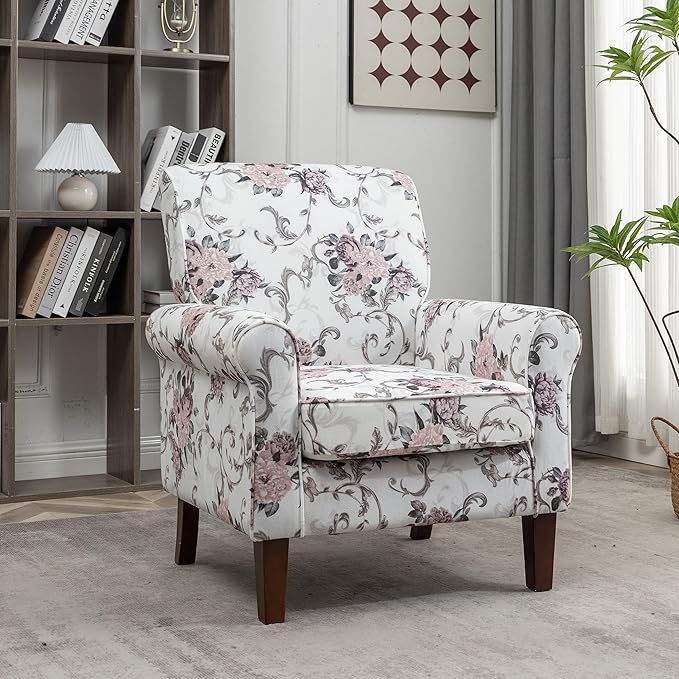 Classic Accent Armchair with Birch Wood Frame and Comfortable Rolled Armrests Arm Chairs for Living Room Bedroom and Office Decor 03 Printed Fabric