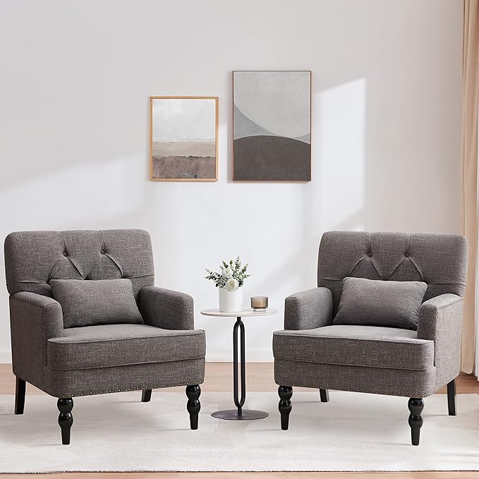 HUIMO Tufted Club Chair Set of 2Accent Chair with Lumbar Pillow Upholstered Button Armchair Fabric Sofa Chairs for Bedroom Living Room Mid Century Modern with Studded Reading Chair(2Grey)