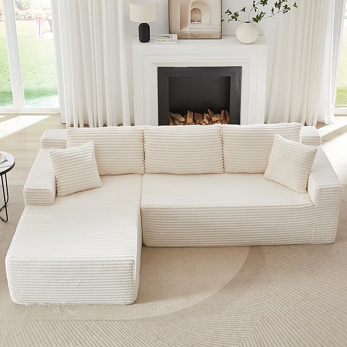 103'' Modular Sectional Sofa with Deep Seat Comfy L Shaped Couch Modern Cloud Couch with Oversized Chaise Corduroy No Assembly Required for Living Room Bedroom Beige