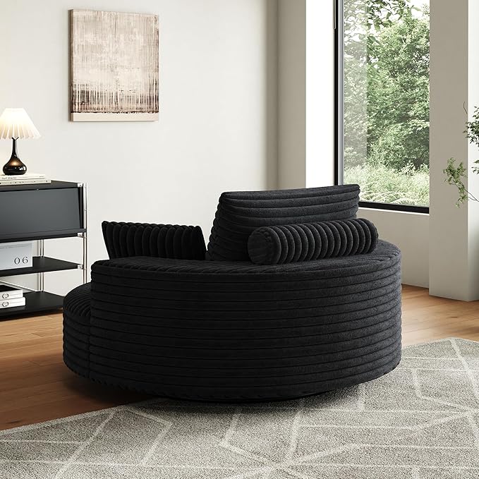TTK 55” Oversized Corduroy Swivel Chair Fluffy 360° Rotating Sleeper Armchair with Pillows &amp Headrest Full Foam Barrel Chair for Living Room Bedroom Reading Nook Lounge or ApartmentBlack