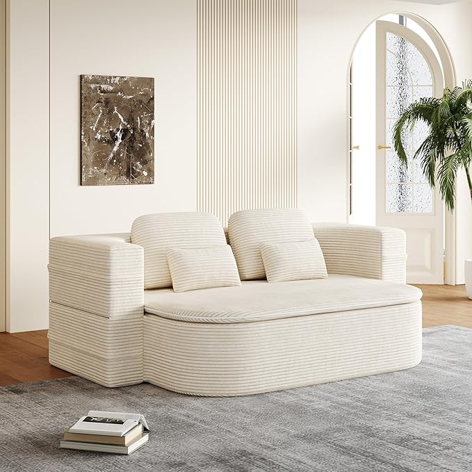 Convertible Folding Futon Sofa Bed 2-in-1 Corduroy Love seat Sleeper Sofa with Functional Blanket Foldable Full Size Guest Couch Bed with 4 Soft Pillows for Living Room (Beige)