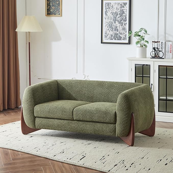 Merax 63 Inch Modern Boucle Upholstered 2-Seater Sofa Chenille Fabric Loveseat with Solid Wood Legs Low Profile Small Couch for Living Room Olive Green