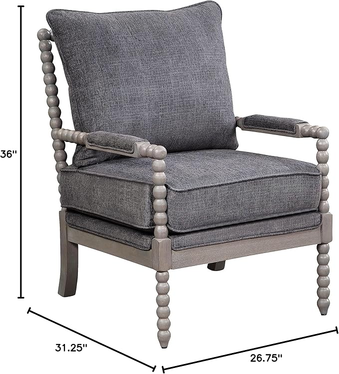 OSP Home Furnishings Abbott Spindle Accent Chair with Padded Spring Seat and Brushed Grey Base Charcoal Fabric
