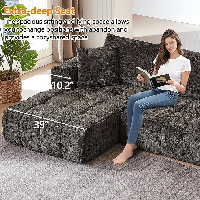 Luxury 108 Sofa with Oversized Chaise L-Shaped Chenille Modular Cloud Couch with Deep Seat &amp 2 Pillows Orange Boneless Couches for Living Room Apartments Homes (Brown Left Facing Chaise)