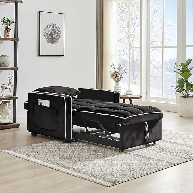 3-in-1 Futon Couch Sofa Bed Chair Convertible Sleeper Sofa with Pull-Out Bed Folding Sofa Bed with Reclining Backrest and Side Pocket Sofa Recliner Single Bed Adult Modern Chair Bed Berth (Black)