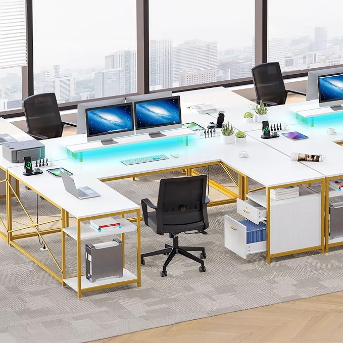 YITAHOME U Shaped Desk with Power Outlets &amp LED Lights 79 Reversible L Shaped Desk with Drawers Corner Computer Desk Office Desk with Monitor Stand &amp Storage Shelves White &amp Gold