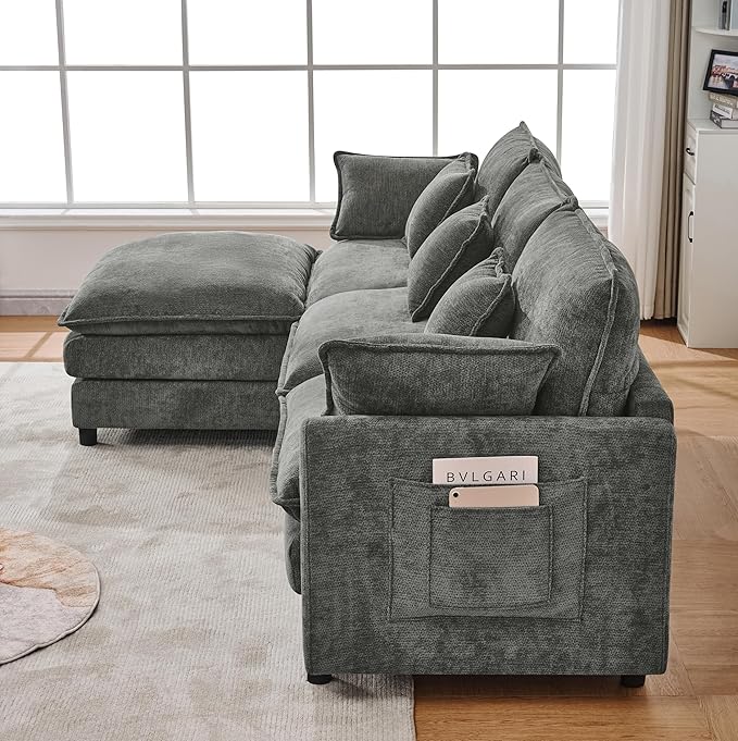 KEIKI 101.9 Modular Sectional Sofa with Movable Ottoman 3 Seat Modern Sofa Set L-Shape Sectional Couches for Living Room Apartment Gray