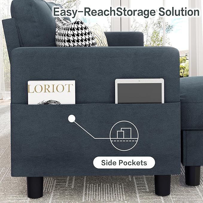 JY QAQA Convertible Sectional Sofa Couch with 3-Seat Sofa L-Shaped Ottoman Couch with Modern Linen Fabric for Small Living Room Apartment and Small Space (Dark Gray)