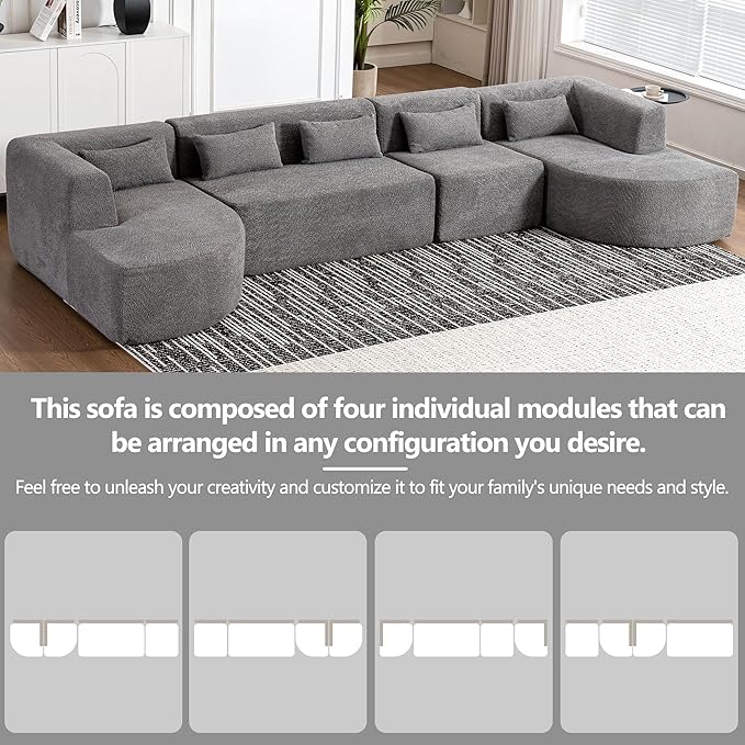 144 Sectional Sofa Modern U Shaped Couch Comfy Deep Seat Upholstered Sofa with 2 Chaise and 5 Back Pillows for Living Room Free-Combined Grey