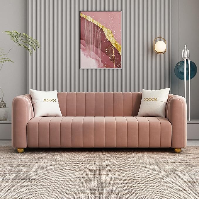 Modern Pink Velvet Couch for Living Room 83.46 Curved Sofa with Gold Metal Sphere Legs 3 Seater Upholstered Cute Couch (Pink)