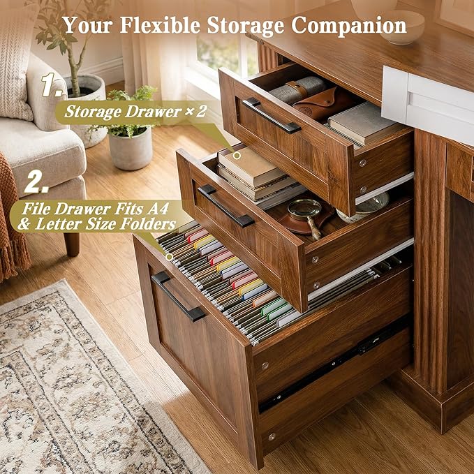 RiteSune 59.5 Farmhouse Computer Desk with USB Charging Station Fixed Monitor Stand with Drawers Keyboard Tray &amp File Cabinet Home Office Writing Desk with Large Storage