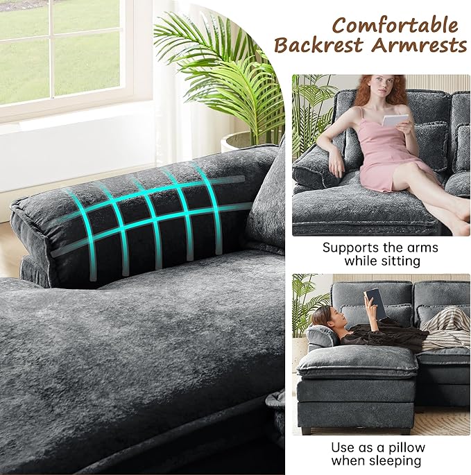 113 U Shaped Sectional Sofa Comfy Cloud Couch Chenille Sofa Sleeper Deep Seat Sofa with 4 Throw Pillows 4-Seater Double-Layer Modern Sofa for Living Room Dark Grey