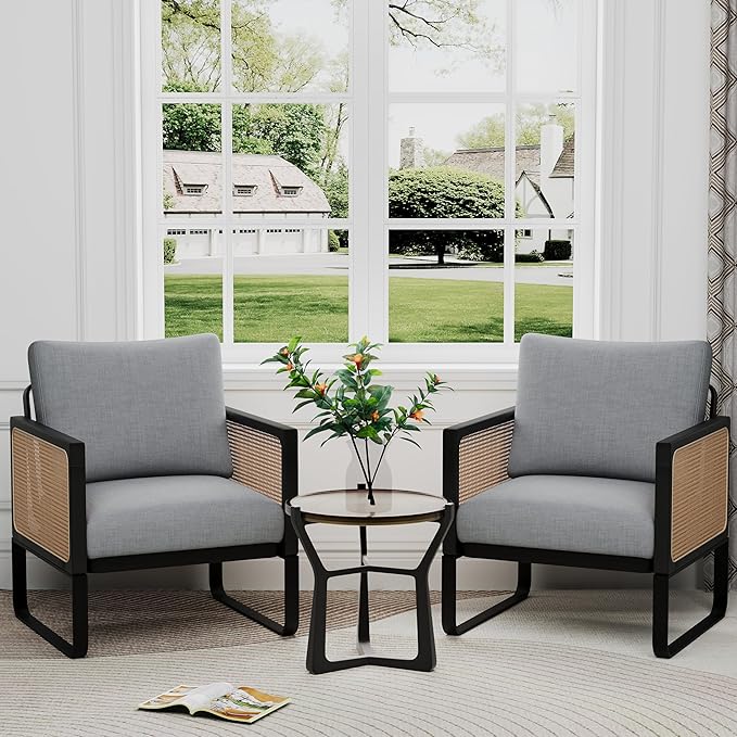 WENTMENT Rattan Accent Chairs Set of 2 Sofa Chair with Natural Rattan Armrest and Removable Backrest Upholstered Living Room Chair Lounge Chair for Reception Room/Hosting Room/Bedroom(Grey)