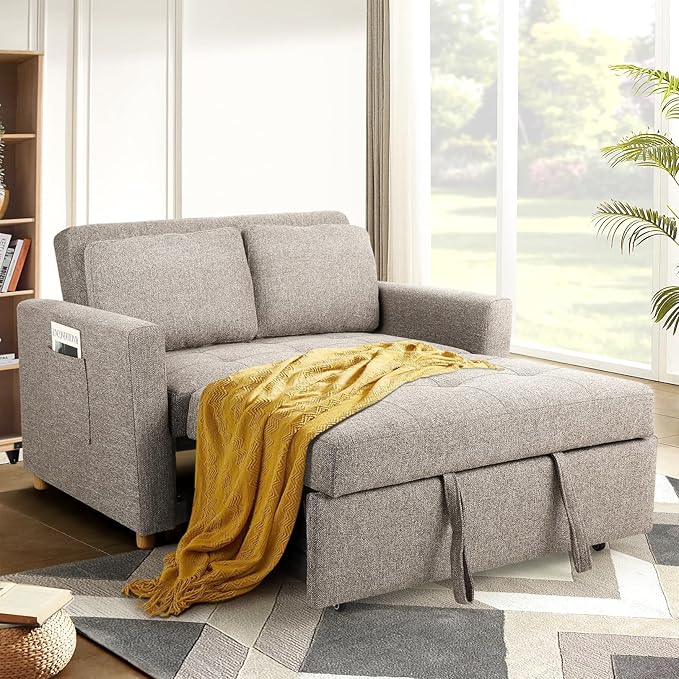SEJOV 3 in 1 Folding Convertible Sofa Bed Futon Couches with Side Pocket Adjustable Backrest Linen Fabric Loveseat Sleeper Sofa for Living RoomBedroomApartment and Small SpaceBrown Grey