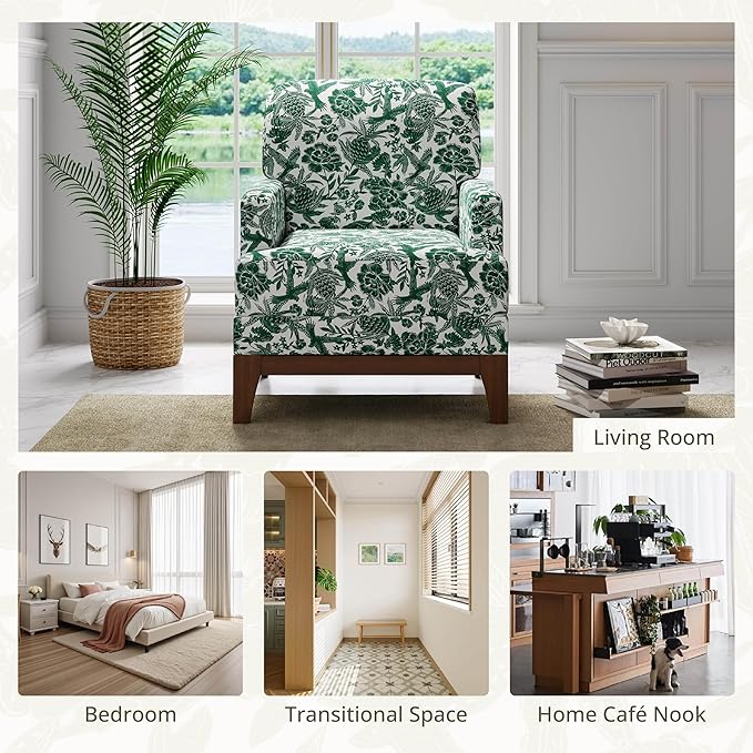 Floral Accent Chair Set of 2 Upholstered Armchair with Solid Legs Comfy Reading Single Sofa with Spring-Padded Cushion for Bedroom Green