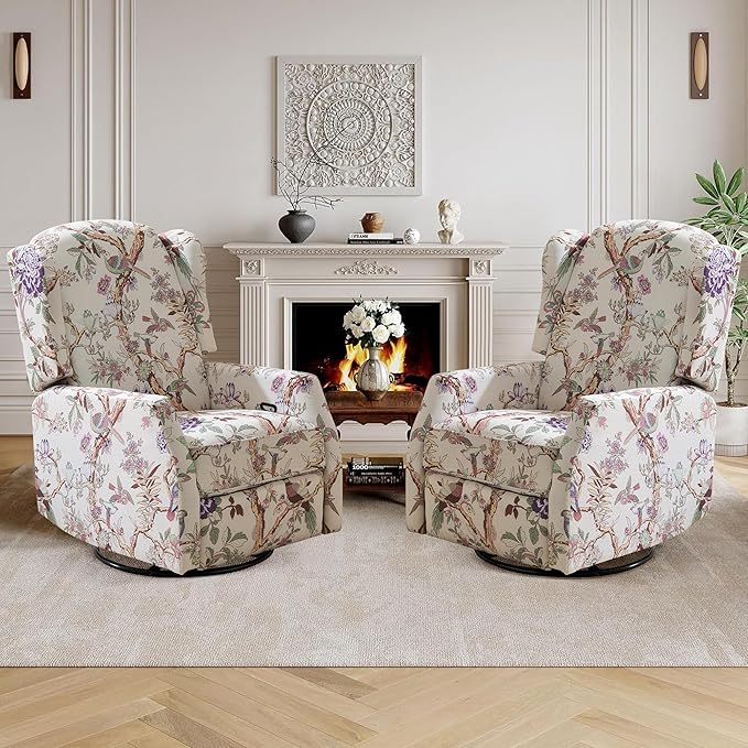 Floral Accent Swivel Rocker Recliner Wingback Recliner Chair with Padded Seat High Back Upholstered Armchair for Living Room Bedroom Home Ofiice (Bird Floral x 2)